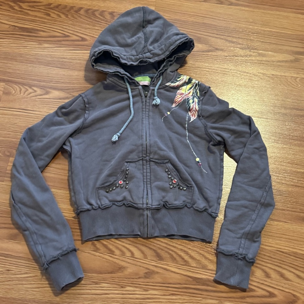 Miss Me Gray Skull Studded Embroidered Full Zio Hoodie Jacket Size‎ M Y2k Grunge